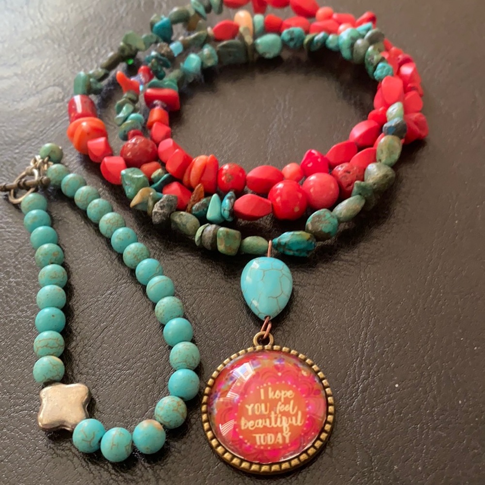 Turquoise & red coral necklace - handmade by ageless1